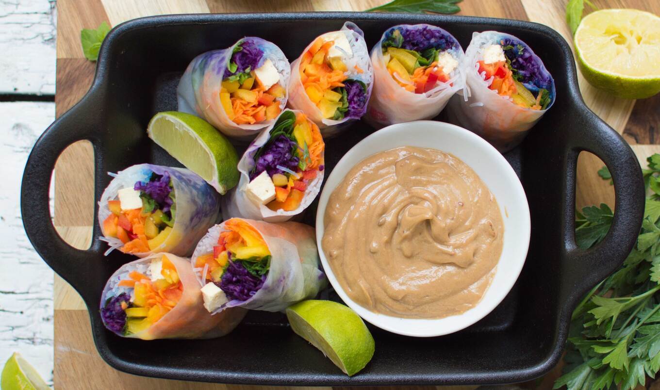 Fresh Rainbow Spring Rolls With Peanut Dipping Sauce