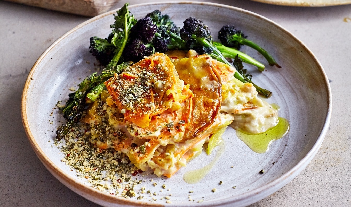 Vegan Sweet Potato and Chili Dauphinoise With Spicy Pumpkin Seasoning 