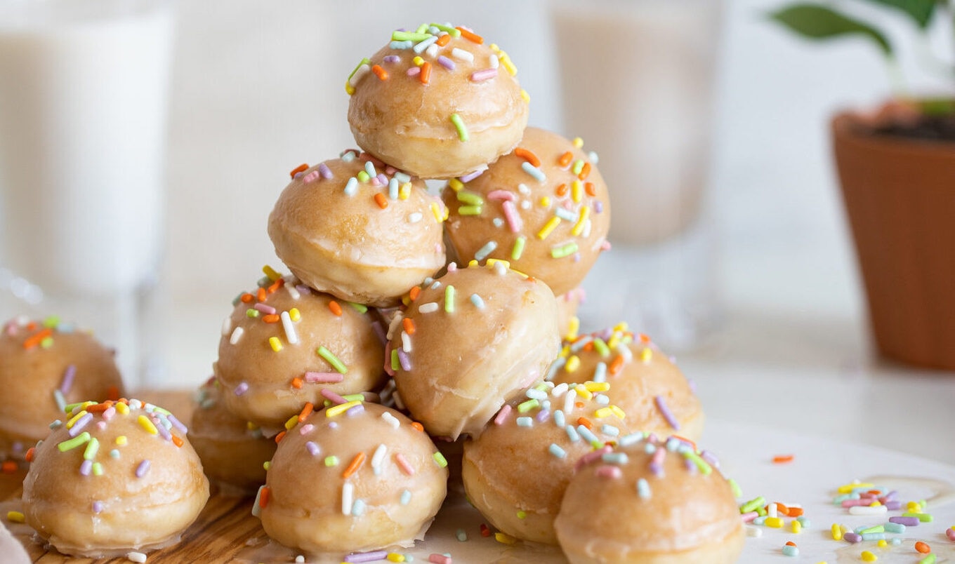 Glazed Vegan Vanilla Doughnut Holes With Funfetti Sprinkles