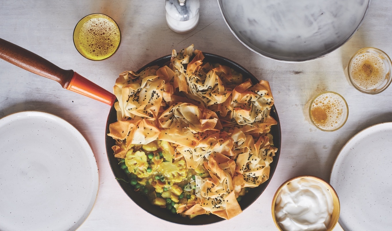 Frying Pan Samosa Pie With Potatoes and Cauliflower