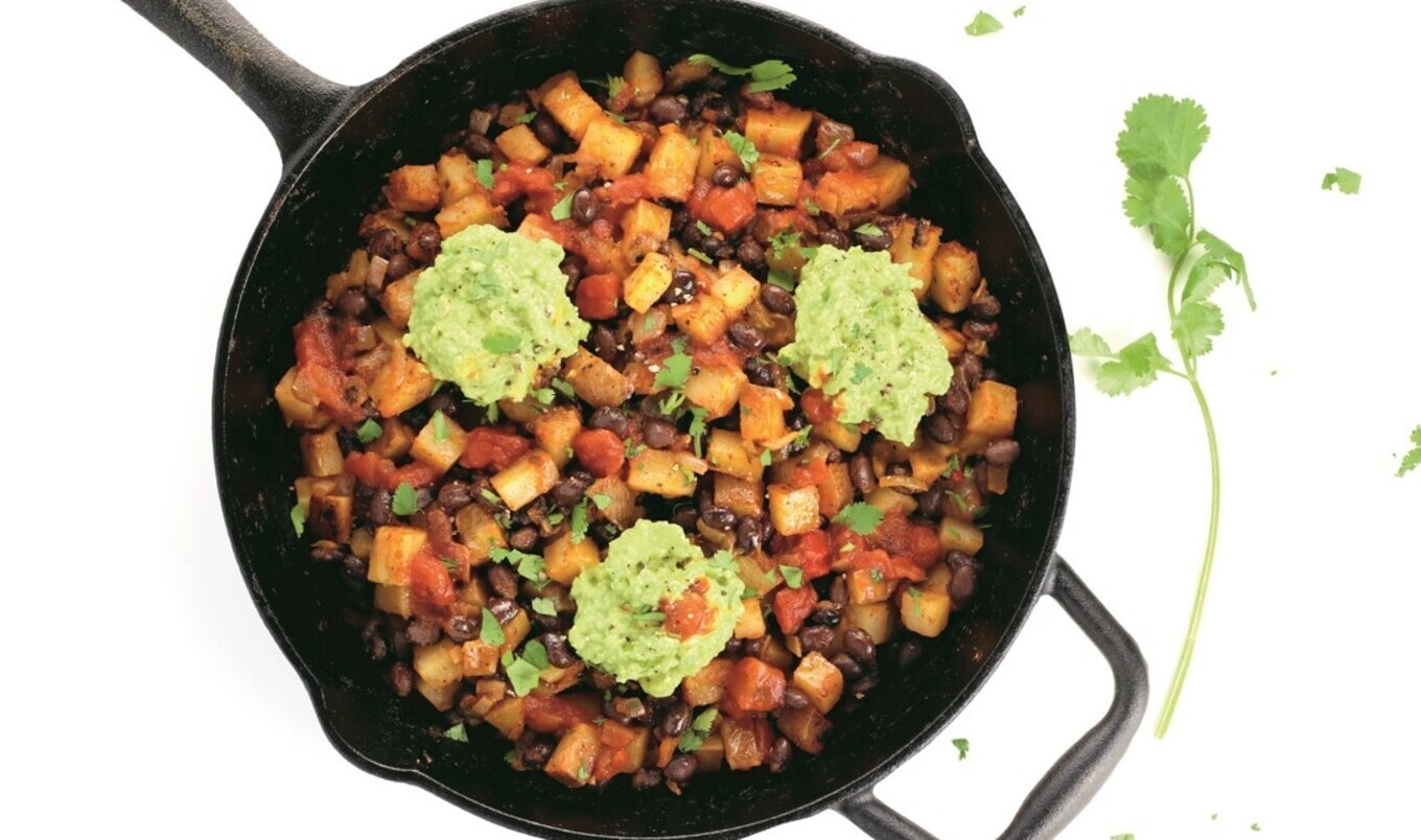Speedy Breakfast Hash With Potatoes, Black Beans, and Mashed Avocado