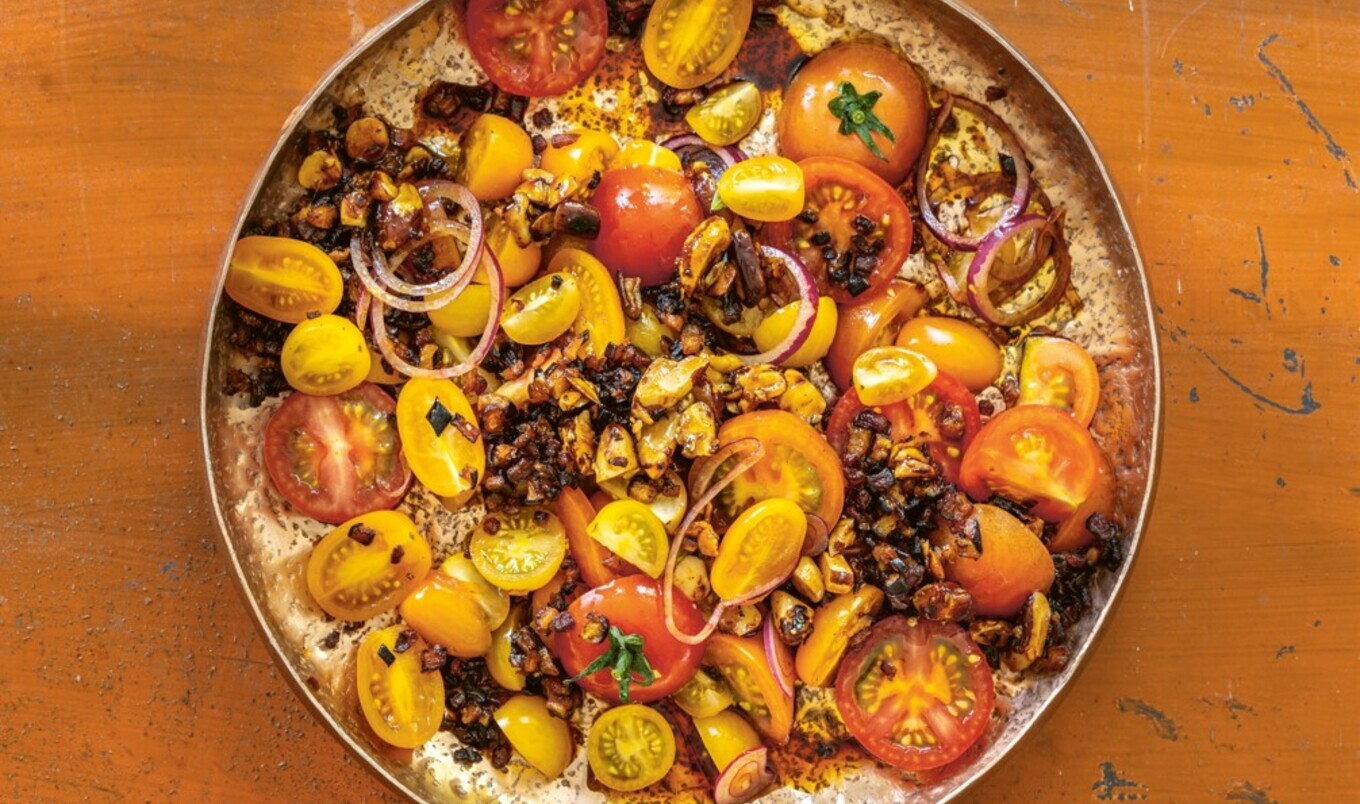 Heirloom Tomato Salad With Smoky Eggplant Bacon and Garlicky Brazil Nuts