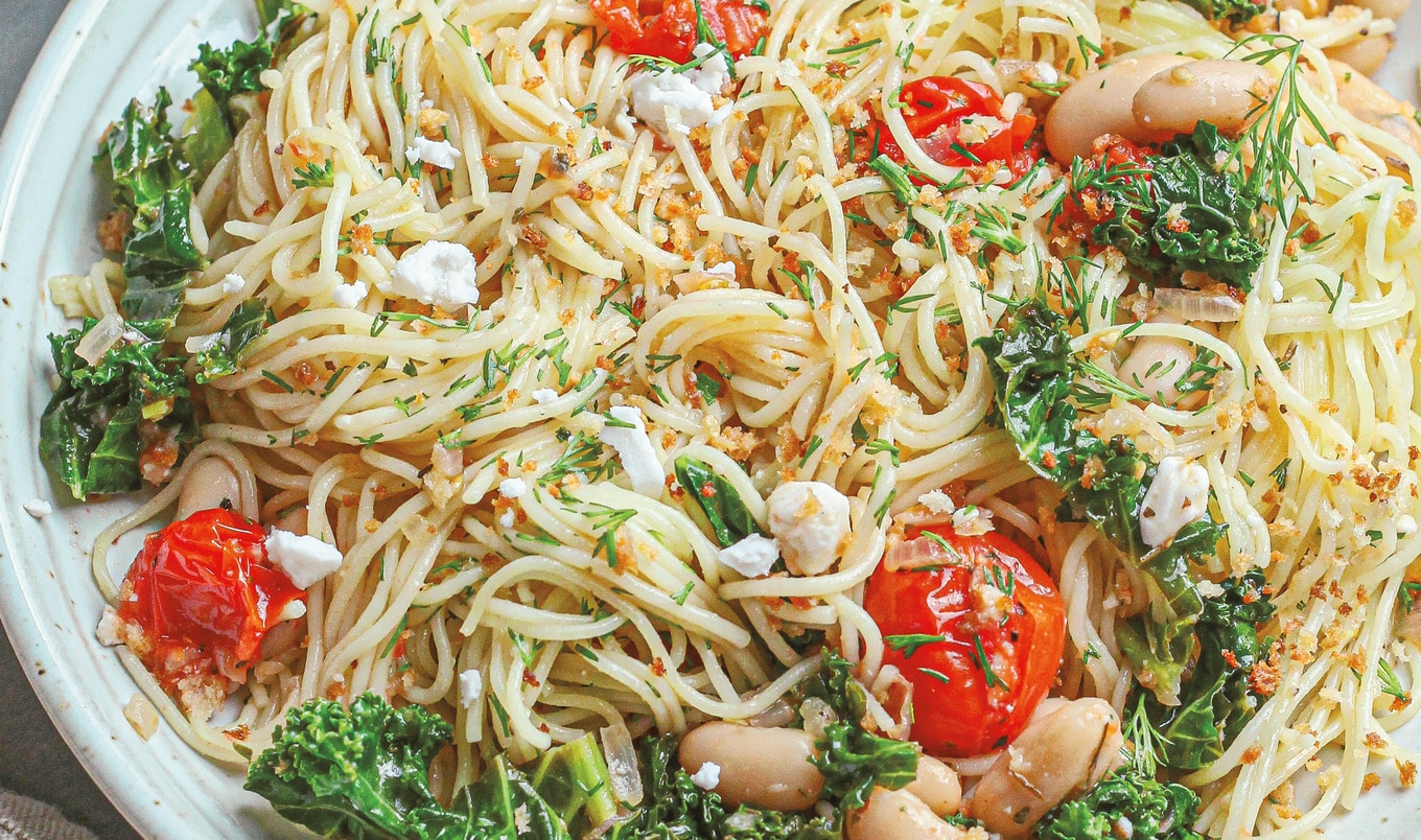 Angel Hair Pasta With Lemon, Kale, and Plant-Based Feta