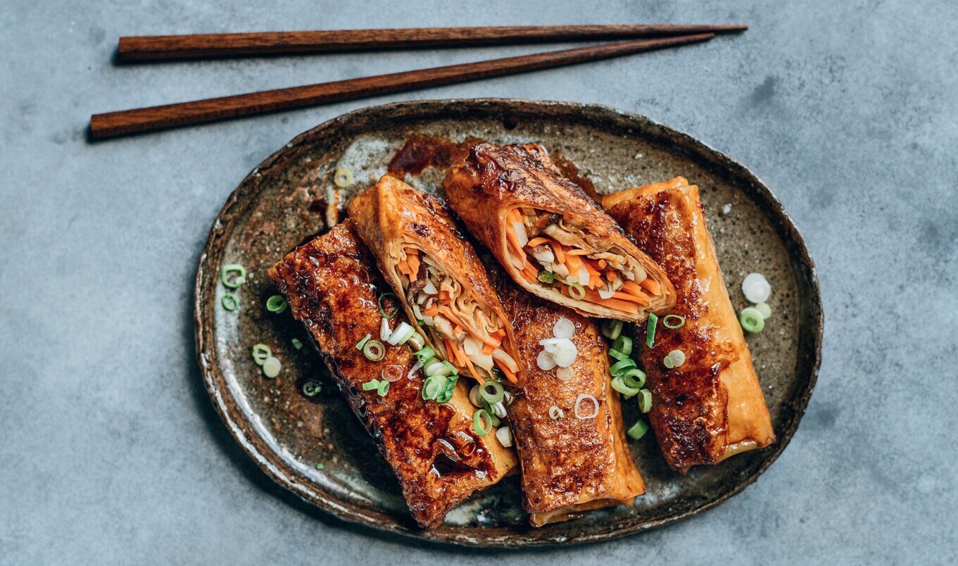 Bamboo Shoot and Mushroom-Stuffed Yuba Rolls
